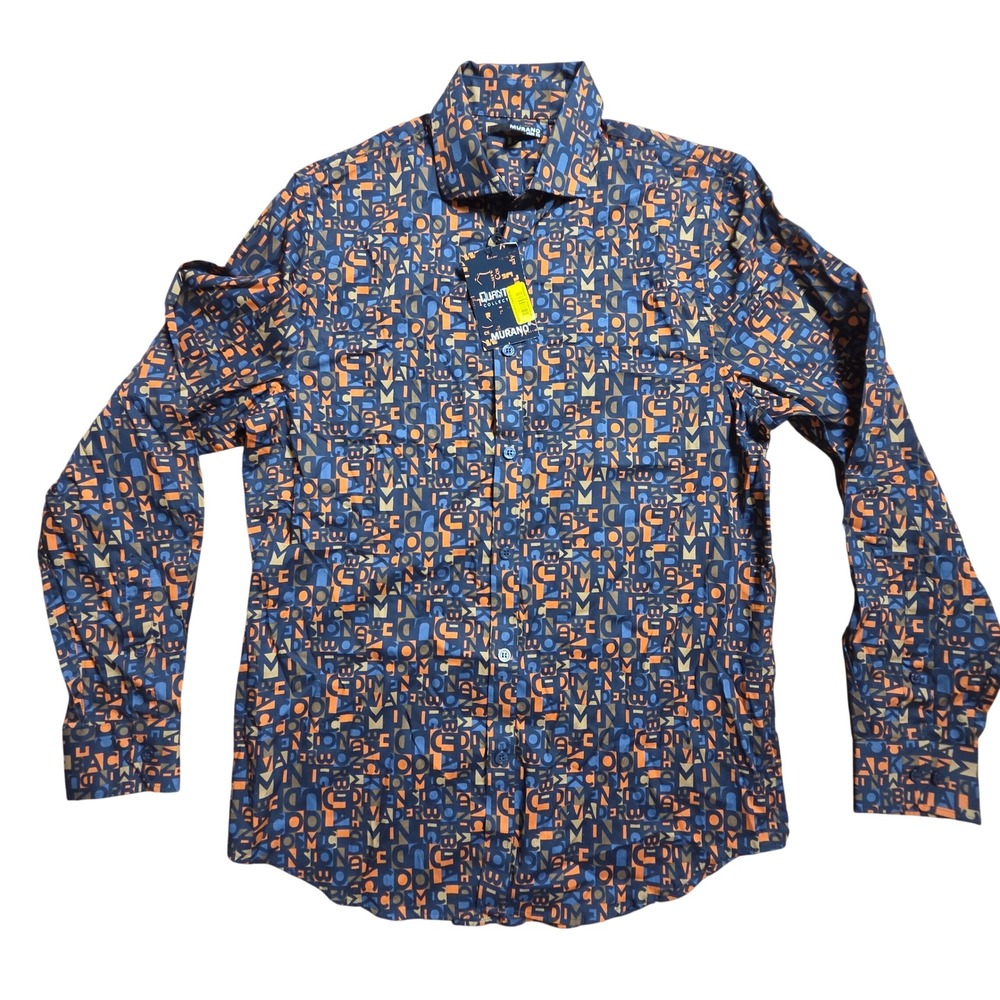 Murano Quant Collection Typographic Print Button Up Shirt M Smart Casual NWT